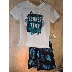SHEIN White Summer Time T-Shirt Boys Size 9Y  w Black Shorts new no tags